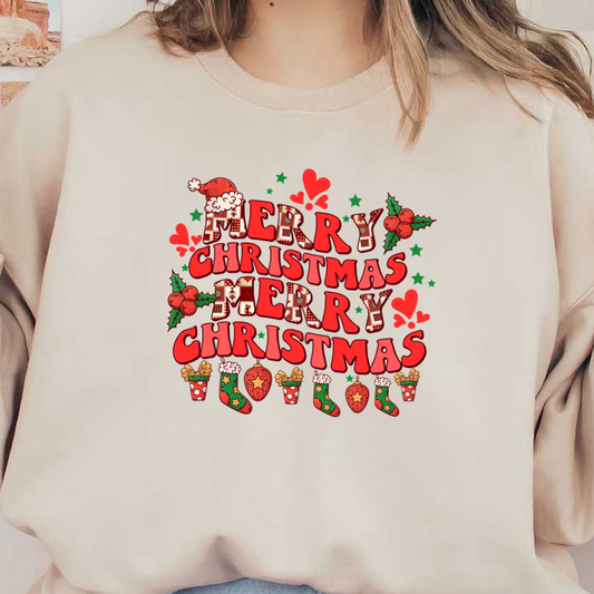 A festive and colorful "Merry Christmas" design featuring playful typography, holly leaves, stockings, and cheerful decorations.dtf regular iron