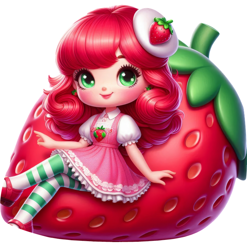 A cute animated character with vibrant pink hair, dressed in a strawberry-themed outfit, lounging on a giant strawberry.DTF Transfers