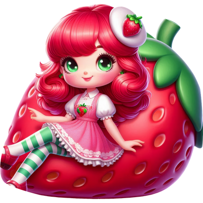 A cute animated character with vibrant pink hair, dressed in a strawberry-themed outfit, lounging on a giant strawberry.DTF Transfers