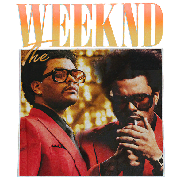 A vibrant graphic featuring The Weeknd in stylish red attire, showcasing his iconic look with sunglasses and a confident pose.DTF Transfers heat press transfers