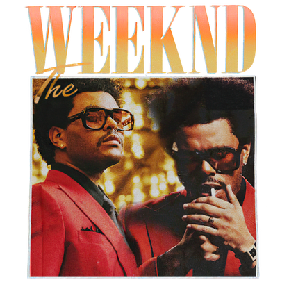 A vibrant graphic featuring The Weeknd in stylish red attire, showcasing his iconic look with sunglasses and a confident pose.DTF Transfers heat press transfers