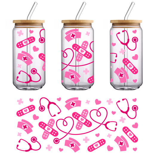 A black belt with pink medical and heart designs.UV Transfers