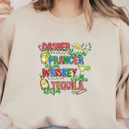 A vibrant and festive typography design featuring playful drink names like "Tequila," "Whiskey," and "Vodka" alongside Christmas elements.DTF Transfers dtf transfersdtf regular iron