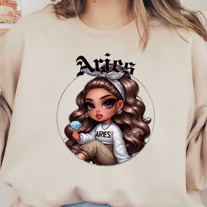 Un elegante personaje de dibujos animados que representa a Aries, con un lujoso cabello castaño, aretes de gran tamaño y un atuendo moderno que sostiene un diamante azul.