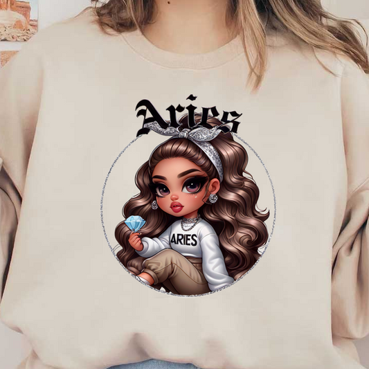 Un elegante personaje de dibujos animados que representa a Aries, con un lujoso cabello castaño, aretes de gran tamaño y un atuendo moderno que sostiene un diamante azul.