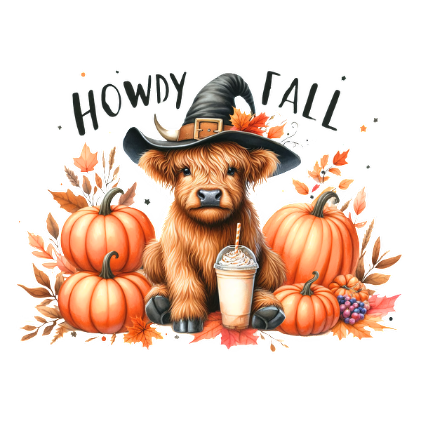 A cheerful dog wearing a witch hat surrounded by pumpkins and autumn leaves, with a festive "Howdy Fall" greeting.dtf regular iron