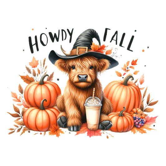 A cheerful dog wearing a witch hat surrounded by pumpkins and autumn leaves, with a festive "Howdy Fall" greeting.dtf regular iron