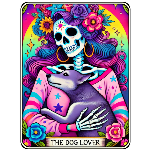 A vibrant, colorful art piece featuring a skeleton woman holding a dog, adorned with flowers and the title "The Dog Lover." dtf prints