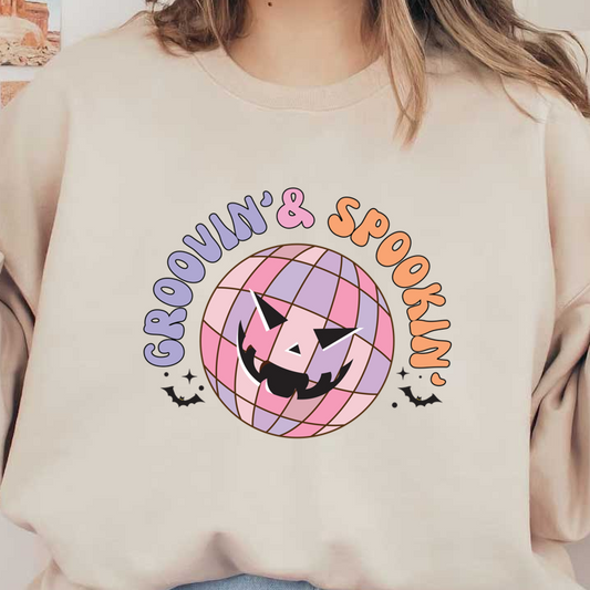 A playful graphic featuring a smiling, spooky disco ball with the fun text "Groovin' & Spookin'," perfect for Halloween vibes! heat press transfers