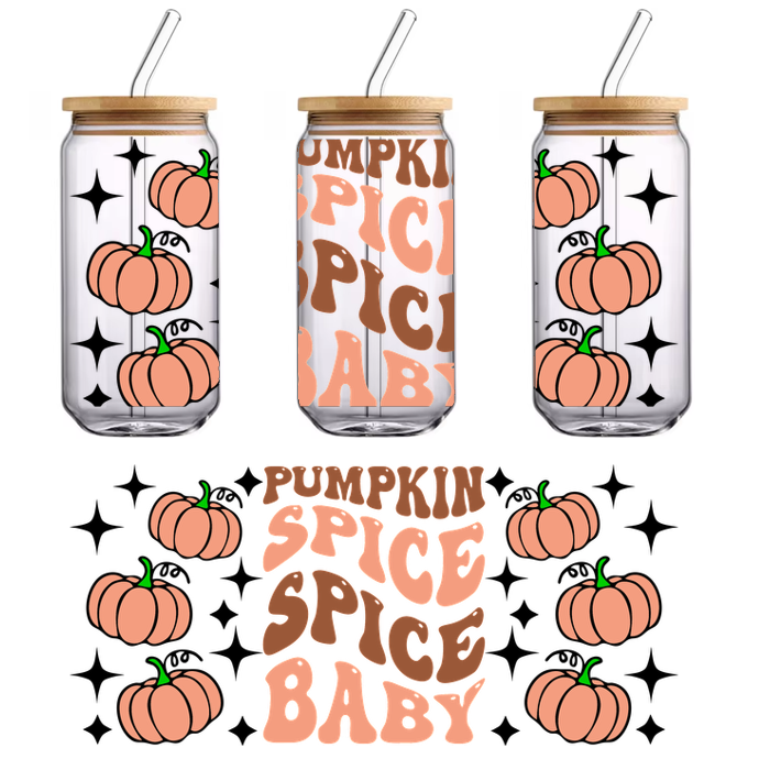 Un gráfico divertido y lúdico que presenta la frase "Pumpkin Spice Spice Baby" rodeada de lindas calabazas ilustradas. Transferencias UV