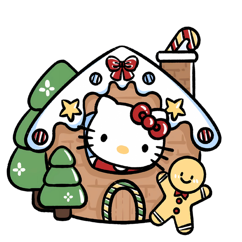 A cheerful Hello Kitty gingerbread house with candy decorations, surrounded by festive trees and a cute gingerbread man.DTF Transfers