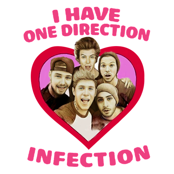 Un diseño divertido que muestra a cinco miembros de One Direction dentro de un corazón, con el texto "TENGO UNA INFECCIÓN DE ONE DIRECTION". Transferencias DTF