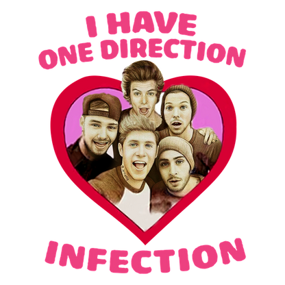 Un diseño divertido que muestra a cinco miembros de One Direction dentro de un corazón, con el texto "TENGO UNA INFECCIÓN DE ONE DIRECTION". Transferencias DTF