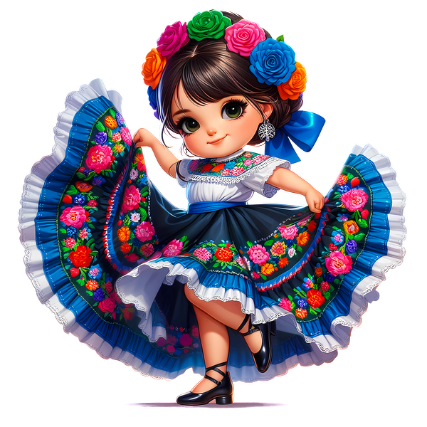 Una niña alegre con un vestido tradicional colorido adornado con motivos florales y una corona de flores vibrantes, bailando alegremente.