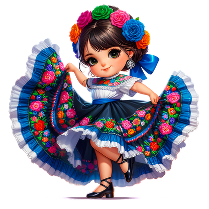 Una niña alegre con un vestido tradicional colorido adornado con motivos florales y una corona de flores vibrantes, bailando alegremente.