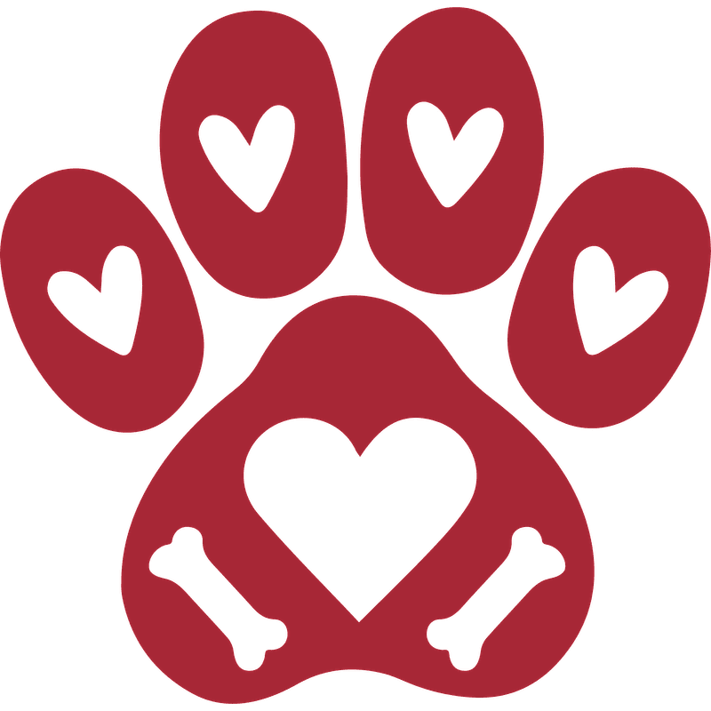 A playful red paw print design featuring hearts and bones, symbolizing love for pets and animal companionship.DTF Transfers