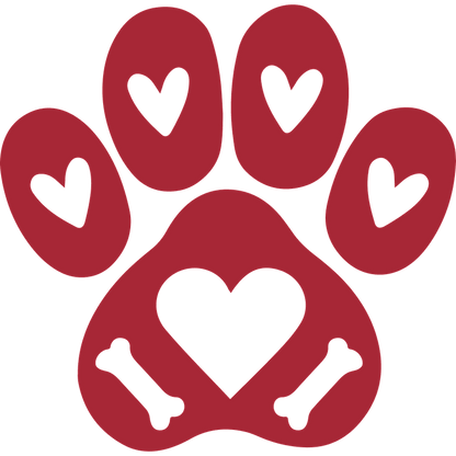 A playful red paw print design featuring hearts and bones, symbolizing love for pets and animal companionship.DTF Transfers