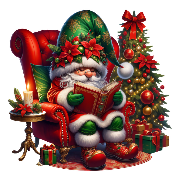 A whimsical Santa Claus sits reading a book in a plush red chair, surrounded by festive decorations and a Christmas tree.DTF Transfers heat press transfers