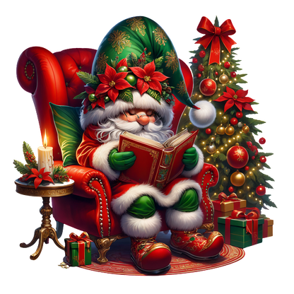 A whimsical Santa Claus sits reading a book in a plush red chair, surrounded by festive decorations and a Christmas tree.DTF Transfers heat press transfers