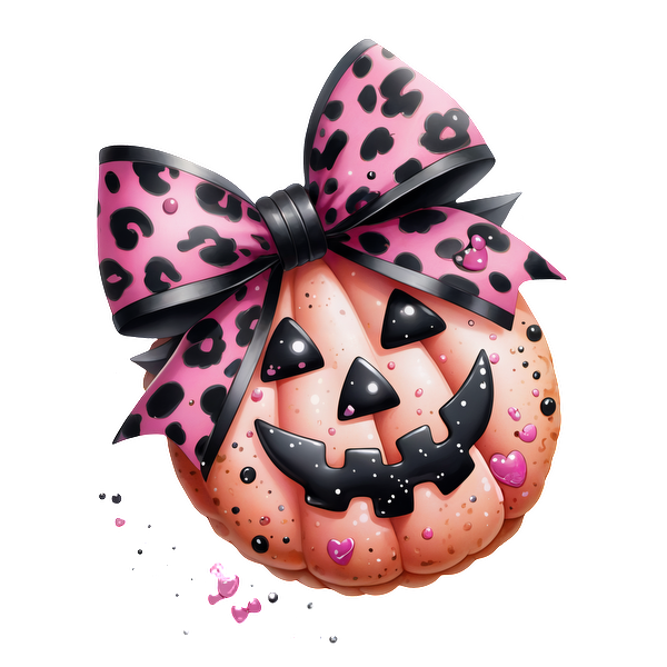 Una linda calabaza de Halloween con estilo caricaturesco que presenta un lazo con estampado de leopardo, una expresión divertida y detalles en forma de corazón.