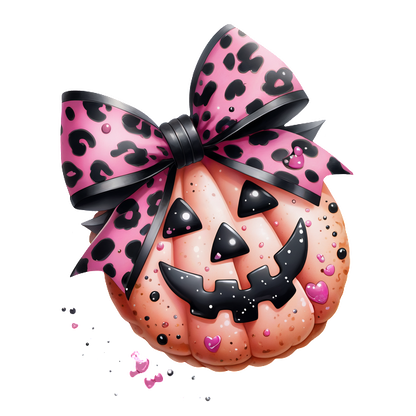 Una linda calabaza de Halloween con estilo caricaturesco que presenta un lazo con estampado de leopardo, una expresión divertida y detalles en forma de corazón.