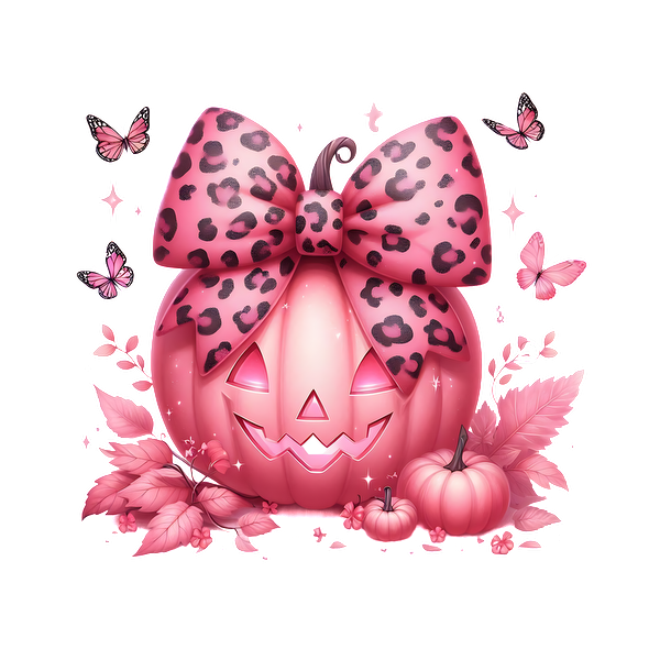 A whimsical pink pumpkin adorned with a leopard print bow, surrounded by butterflies and autumn leaves, perfect for Halloween decor. heat press transfers