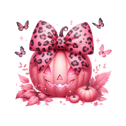 A whimsical pink pumpkin adorned with a leopard print bow, surrounded by butterflies and autumn leaves, perfect for Halloween decor. heat press transfers