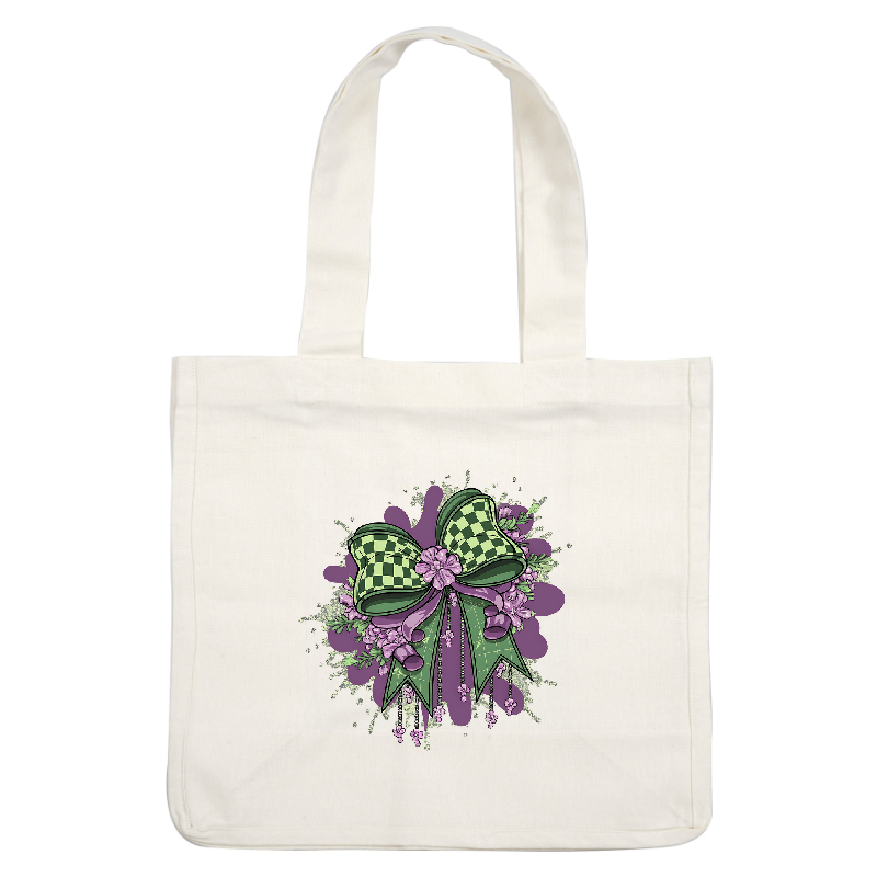 A vibrant illustration featuring a large green and black checkered bow adorned with delicate purple flowers and decorative ribbons.DTF Transfers