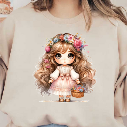 Una muñeca encantadora y caprichosa con cabello largo y rizado, vestida con un vestido rosa y adornada con una corona de flores.