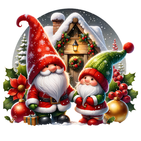 A cheerful holiday scene featuring two adorable gnomes in festive outfits, standing in front of a snow-covered cottage.DTF Transfers heat press transfers