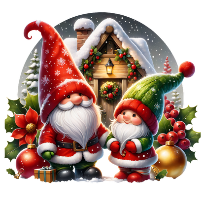 A cheerful holiday scene featuring two adorable gnomes in festive outfits, standing in front of a snow-covered cottage.DTF Transfers heat press transfers