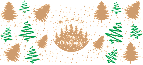 Una ilustración festiva dibujada a mano que presenta árboles de Navidad verdes y un mensaje decorativo de "Feliz Navidad" en un diseño circular central. Transferencias UV