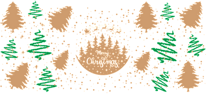 Una ilustración festiva dibujada a mano que presenta árboles de Navidad verdes y un mensaje decorativo de "Feliz Navidad" en un diseño circular central. Transferencias UV