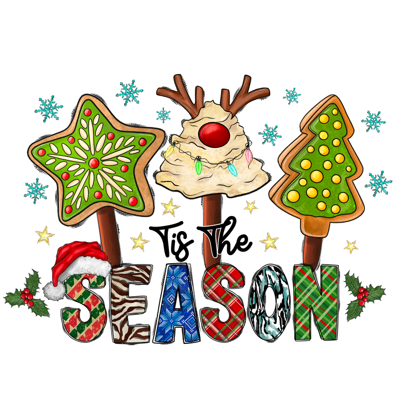 Celebrate the festive spirit with this cheerful illustration featuring whimsical holiday cookies and the phrase "Tis The Season."DTF Transfers dtf transfers