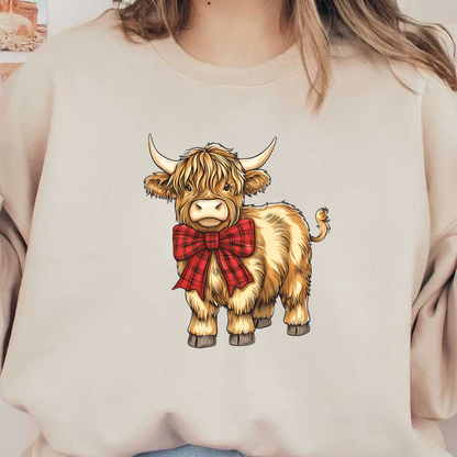 Adorable Highland cow featuring fluffy fur and a festive red plaid bow, perfect for adding charm to any design! dtf transfers