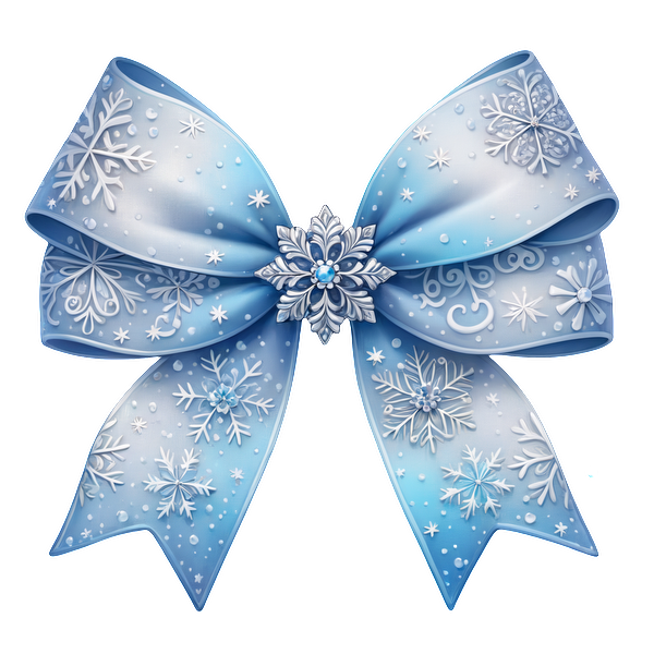 A beautiful blue bow adorned with snowflake patterns, featuring delicate detailing and a central decorative snowflake. dtf prints