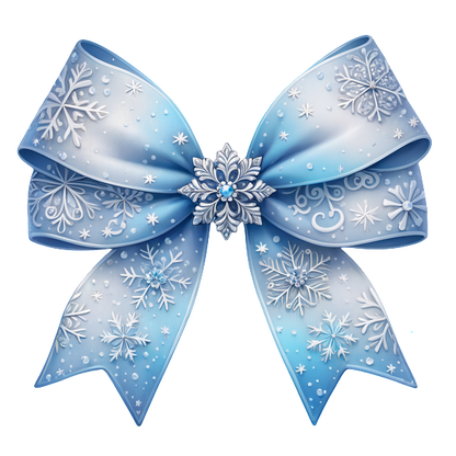 A beautiful blue bow adorned with snowflake patterns, featuring delicate detailing and a central decorative snowflake. dtf prints