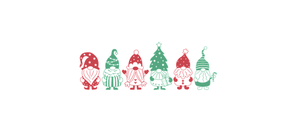 A cheerful lineup of colorful Christmas gnomes, showcasing festive outfits in red and green with playful holiday designs.UV Transfersdtf regular iron