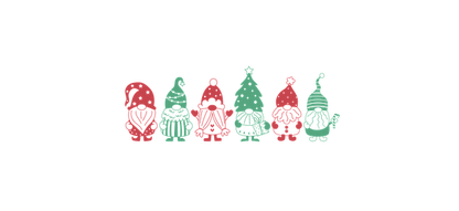 A cheerful lineup of colorful Christmas gnomes, showcasing festive outfits in red and green with playful holiday designs.UV Transfersdtf regular iron