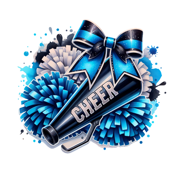 A vibrant graphic featuring a cheer megaphone adorned with a blue bow and surrounded by blue and white pom-poms.DTF Transfers dtf transfers