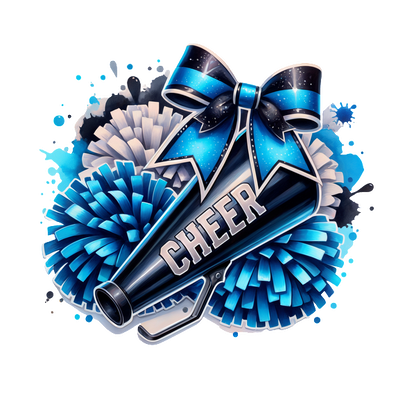 A vibrant graphic featuring a cheer megaphone adorned with a blue bow and surrounded by blue and white pom-poms.DTF Transfers dtf transfers