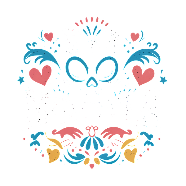 Una ilustración colorida y caprichosa que presenta una calavera, corazones y diseños florales, con la palabra "Monstruo" elegantemente integrada.