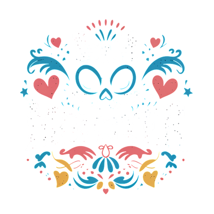 Una ilustración colorida y caprichosa que presenta una calavera, corazones y diseños florales, con la palabra "Monstruo" elegantemente integrada.