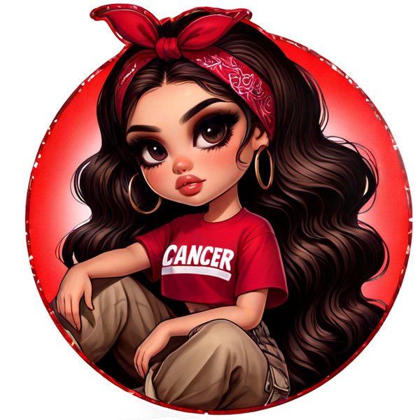 Un elegante personaje de dibujos animados con cabello largo y ondulado y un pañuelo rojo, que viste una camiseta roja con la palabra "CÁNCER" y pantalones color canela.