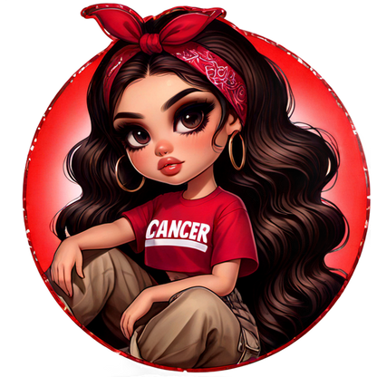 Un elegante personaje de dibujos animados con cabello largo y ondulado y un pañuelo rojo, que viste una camiseta roja con la palabra "CÁNCER" y pantalones color canela.