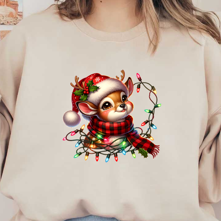 A festive, adorable deer wearing a Santa hat and a plaid scarf, surrounded by colorful Christmas lights and holly. heat press transfers