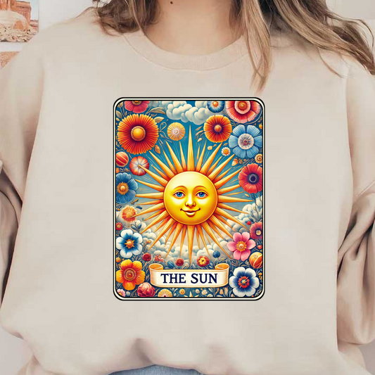 Una ilustración vibrante del sol rodeado de flores y nubes coloridas, con una cara sonriente alegre y rayos llamativos.