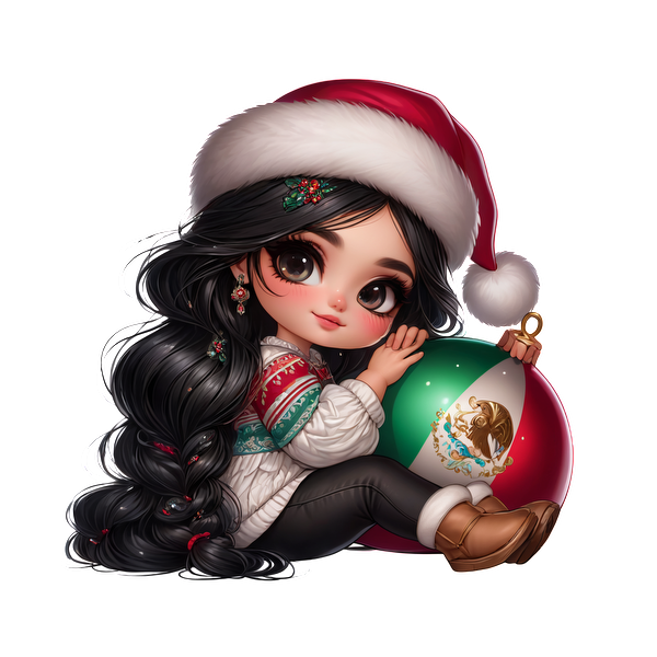A charming girl in a festive sweater and Santa hat holds a vibrant ornament featuring the Mexican flag, celebrating the holiday spirit.DTF Transfers heat press transfers