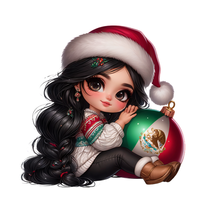 A charming girl in a festive sweater and Santa hat holds a vibrant ornament featuring the Mexican flag, celebrating the holiday spirit.DTF Transfers heat press transfers