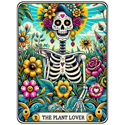 Celebrate life with this vibrant and whimsical illustration of a skeleton surrounded by colorful flowers, titled "The Plant Lover." dtf transfers